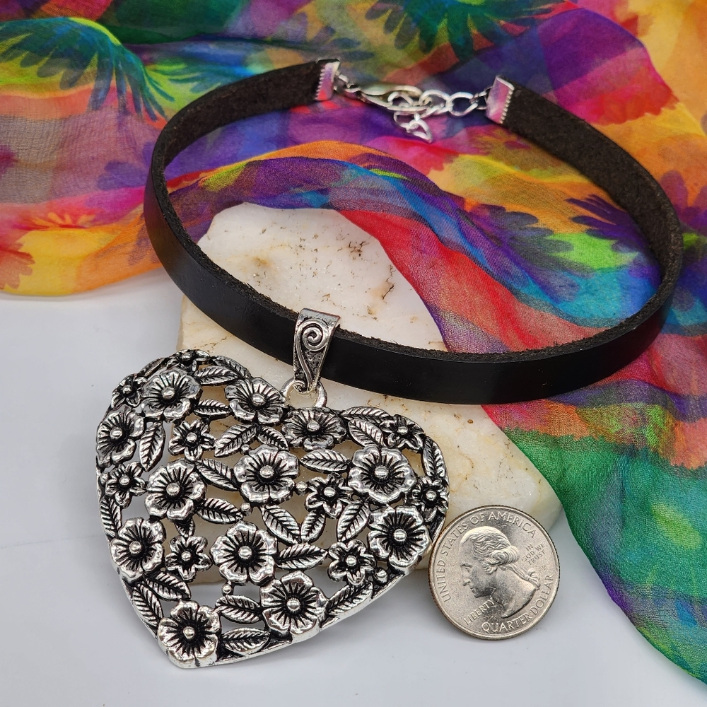 Lrge Silver Heart Pendant Boho Genuine Black Leather Floral Filigree - Picture 7 of 12
